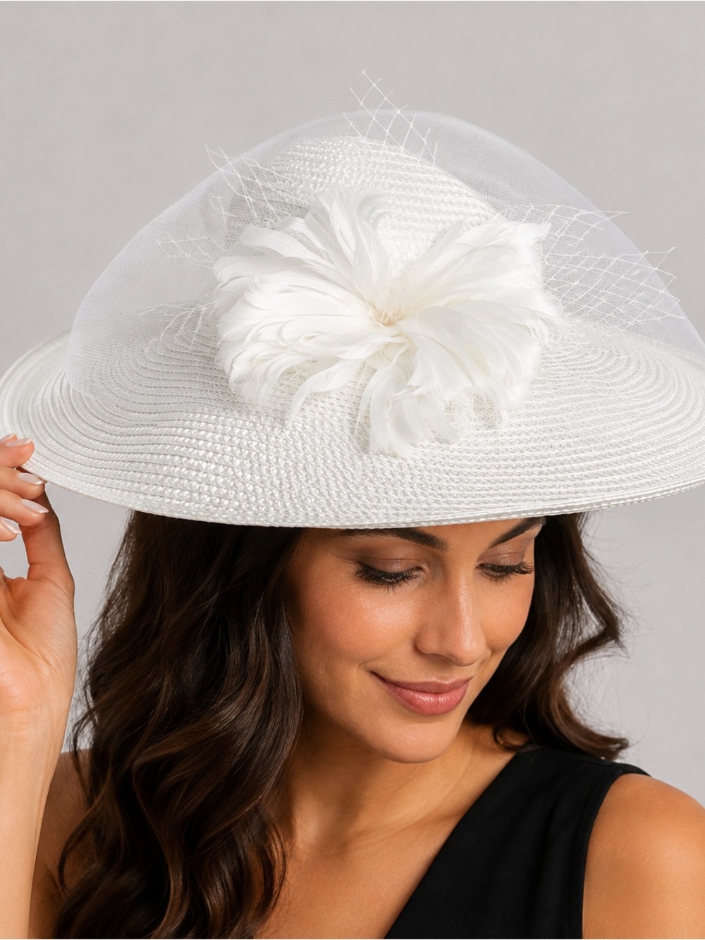 Bellissimo White Wide Brim Dress Hat with Feather Flower Accent Church Wedding